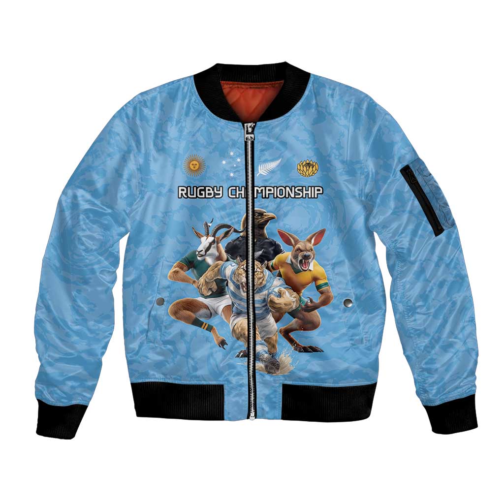 Custom Rugby Southern Hemisphere Sleeve Zip Bomber Jacket Argentina AUNZ South Africa Mascot Blue - Wonder Print Shop