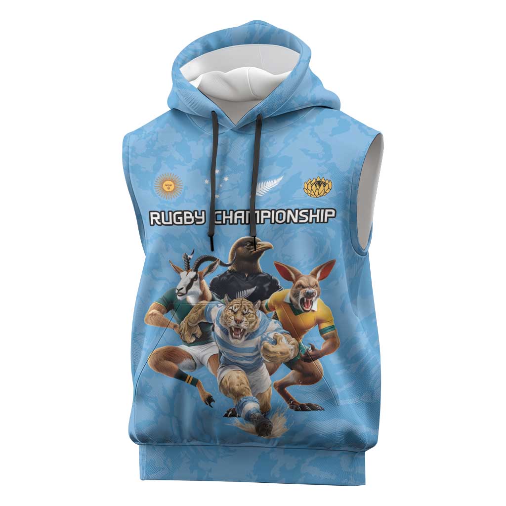 Custom Rugby Southern Hemisphere Sleeveless Hoodie Argentina AUNZ South Africa Mascot Blue - Wonder Print Shop