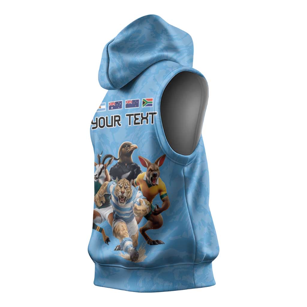Custom Rugby Southern Hemisphere Sleeveless Hoodie Argentina AUNZ South Africa Mascot Blue - Wonder Print Shop