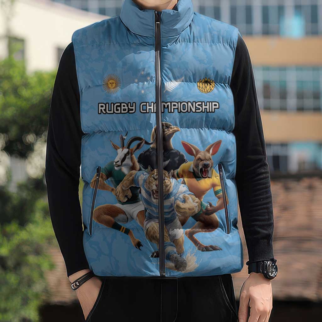 Custom Rugby Southern Hemisphere Sleeveless Puffer Jacket Argentina AUNZ South Africa Mascot Blue - Wonder Print Shop