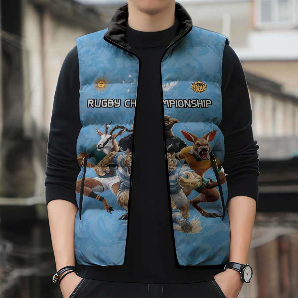 Custom Rugby Southern Hemisphere Sleeveless Puffer Jacket Argentina AUNZ South Africa Mascot Blue - Wonder Print Shop