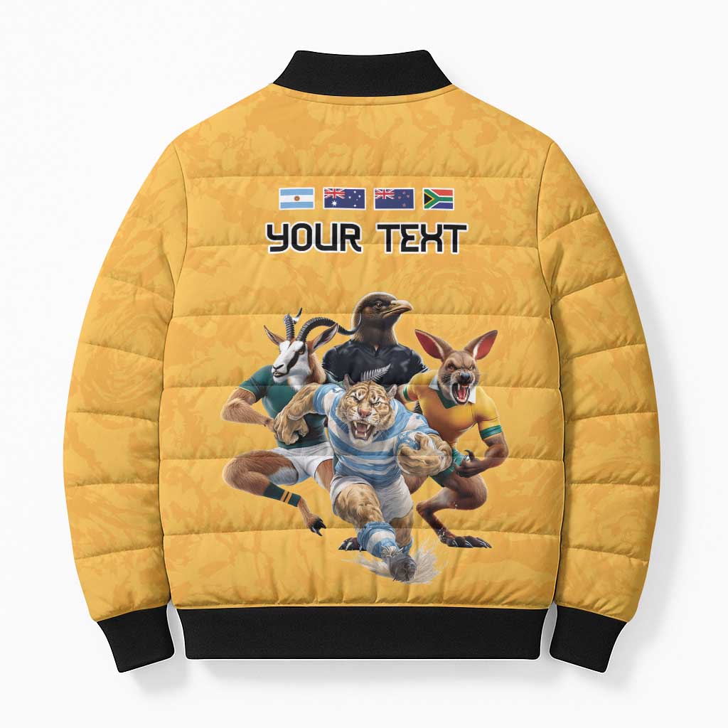 Custom Rugby Southern Hemisphere Bomber Puffer Jacket Argentina AUNZ South Africa Mascot Gold - Wonder Print Shop