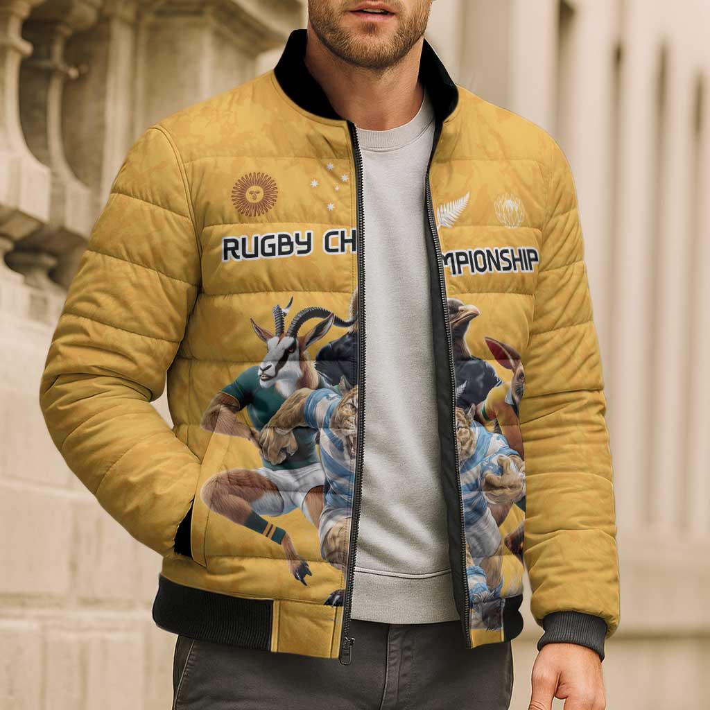 Custom Rugby Southern Hemisphere Bomber Puffer Jacket Argentina AUNZ South Africa Mascot Gold - Wonder Print Shop