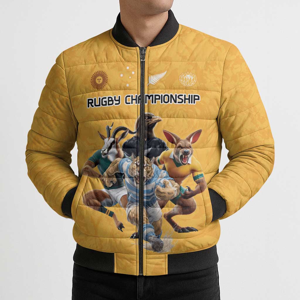 Custom Rugby Southern Hemisphere Bomber Puffer Jacket Argentina AUNZ South Africa Mascot Gold - Wonder Print Shop