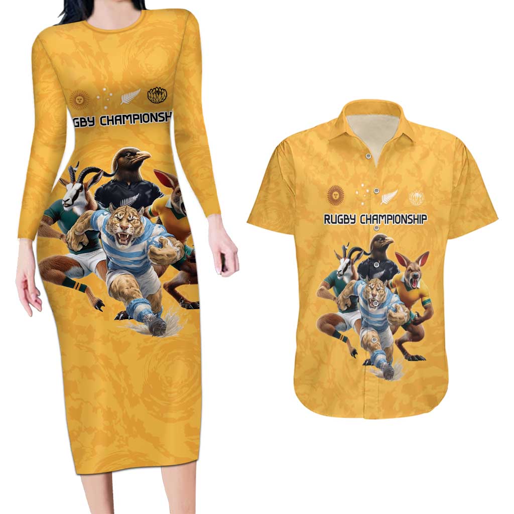 Custom Rugby Southern Hemisphere Couples Matching Long Sleeve Bodycon Dress and Hawaiian Shirt Argentina AUNZ South Africa Mascot Gold - Wonder Print Shop