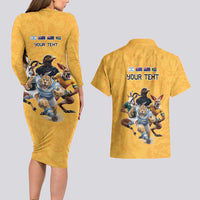Custom Rugby Southern Hemisphere Couples Matching Long Sleeve Bodycon Dress and Hawaiian Shirt Argentina AUNZ South Africa Mascot Gold - Wonder Print Shop