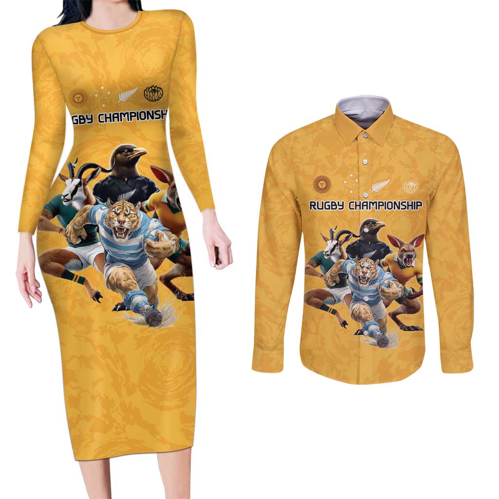 Custom Rugby Southern Hemisphere Couples Matching Long Sleeve Bodycon Dress and Long Sleeve Button Shirt Argentina AUNZ South Africa Mascot Gold - Wonder Print Shop