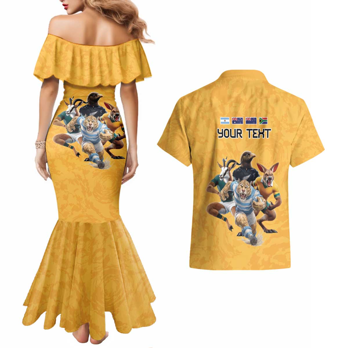 Custom Rugby Southern Hemisphere Couples Matching Mermaid Dress and Hawaiian Shirt Argentina AUNZ South Africa Mascot Gold - Wonder Print Shop