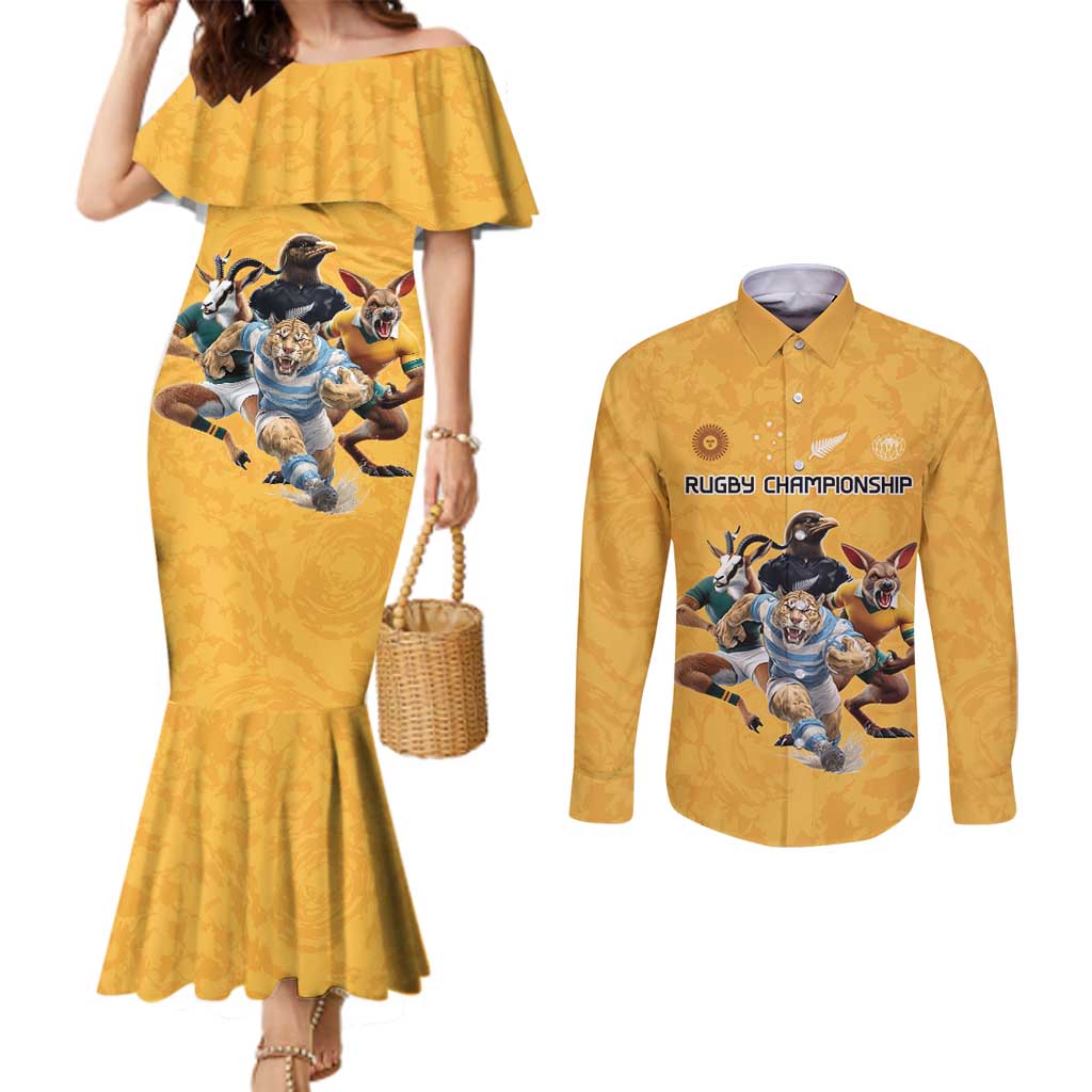 Custom Rugby Southern Hemisphere Couples Matching Mermaid Dress and Long Sleeve Button Shirt Argentina AUNZ South Africa Mascot Gold - Wonder Print Shop