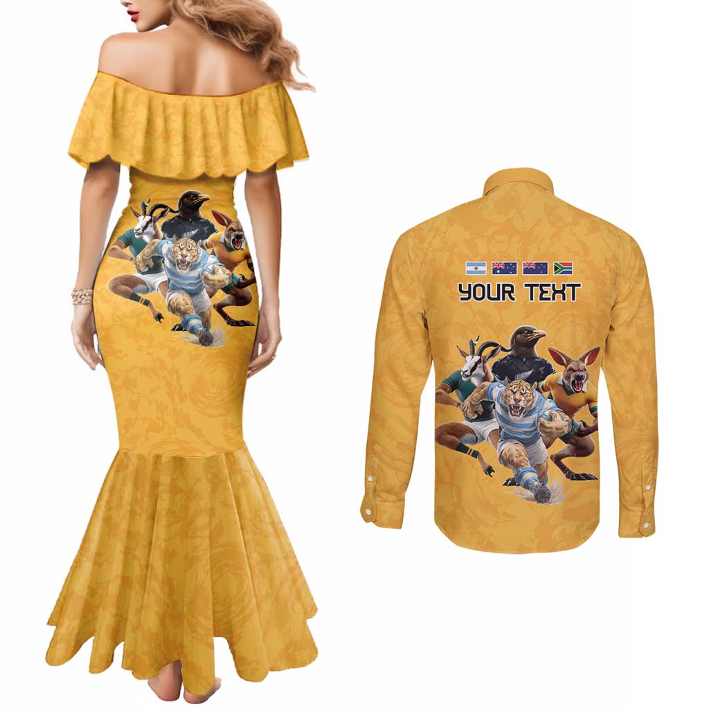 Custom Rugby Southern Hemisphere Couples Matching Mermaid Dress and Long Sleeve Button Shirt Argentina AUNZ South Africa Mascot Gold - Wonder Print Shop