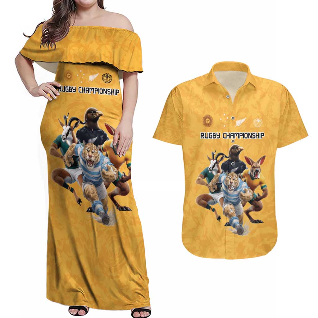 Custom Rugby Southern Hemisphere Couples Matching Off Shoulder Maxi Dress and Hawaiian Shirt Argentina AUNZ South Africa Mascot Gold - Wonder Print Shop