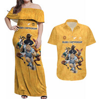 Custom Rugby Southern Hemisphere Couples Matching Off Shoulder Maxi Dress and Hawaiian Shirt Argentina AUNZ South Africa Mascot Gold - Wonder Print Shop