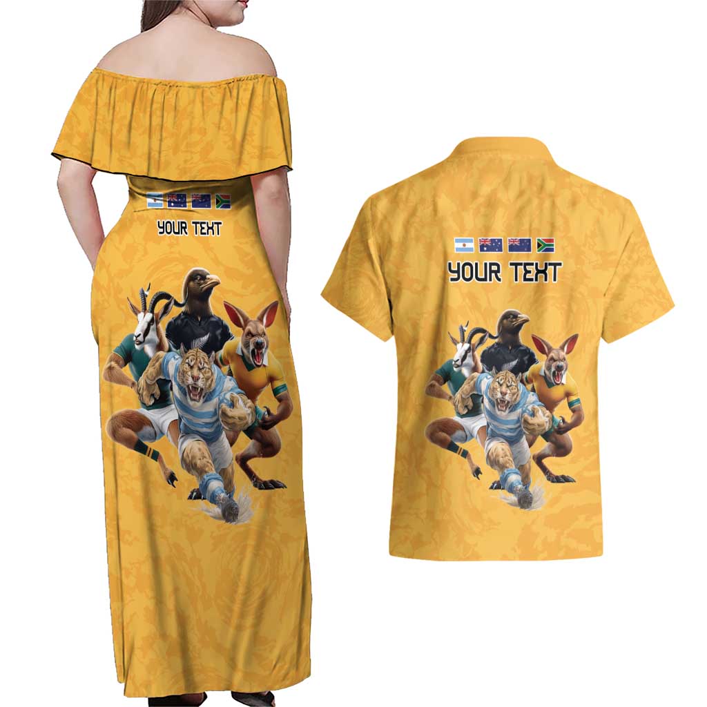 Custom Rugby Southern Hemisphere Couples Matching Off Shoulder Maxi Dress and Hawaiian Shirt Argentina AUNZ South Africa Mascot Gold - Wonder Print Shop