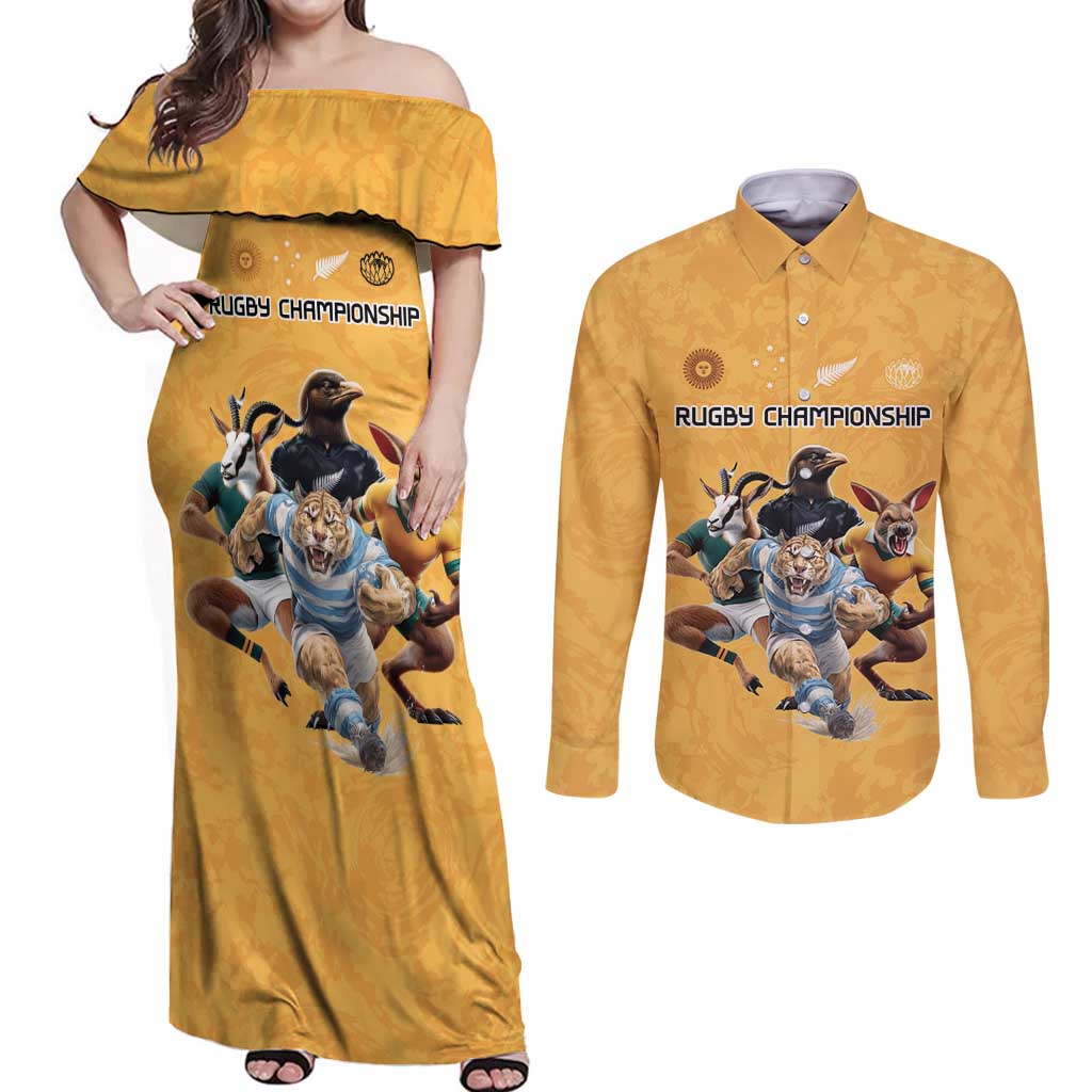 Custom Rugby Southern Hemisphere Couples Matching Off Shoulder Maxi Dress and Long Sleeve Button Shirt Argentina AUNZ South Africa Mascot Gold - Wonder Print Shop