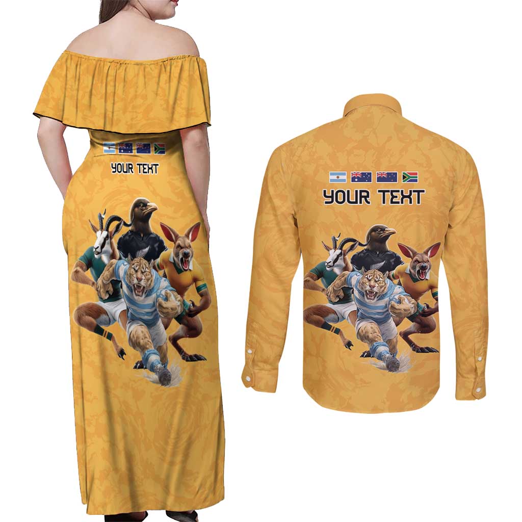 Custom Rugby Southern Hemisphere Couples Matching Off Shoulder Maxi Dress and Long Sleeve Button Shirt Argentina AUNZ South Africa Mascot Gold - Wonder Print Shop