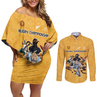 Custom Rugby Southern Hemisphere Couples Matching Off Shoulder Short Dress and Long Sleeve Button Shirt Argentina AUNZ South Africa Mascot Gold - Wonder Print Shop