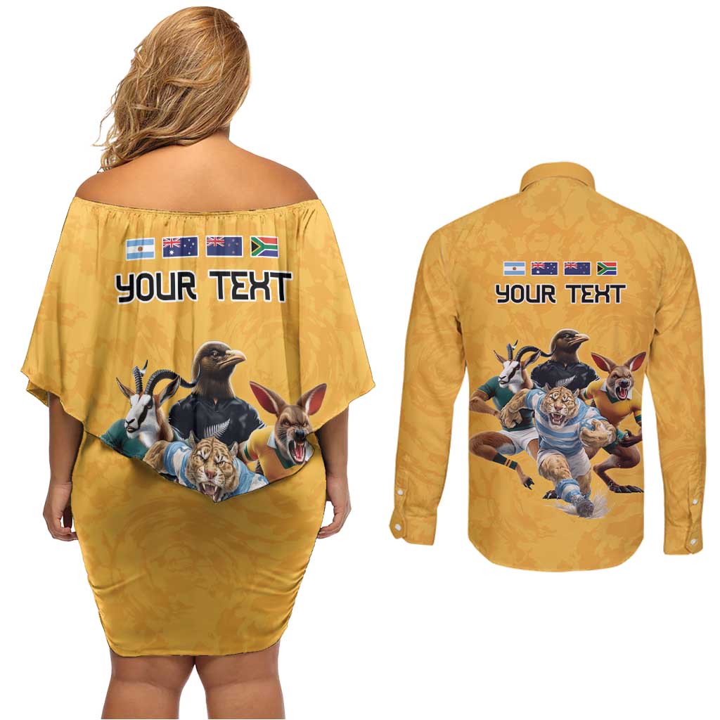 Custom Rugby Southern Hemisphere Couples Matching Off Shoulder Short Dress and Long Sleeve Button Shirt Argentina AUNZ South Africa Mascot Gold - Wonder Print Shop