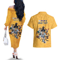 Custom Rugby Southern Hemisphere Couples Matching Off The Shoulder Long Sleeve Dress and Hawaiian Shirt Argentina AUNZ South Africa Mascot Gold - Wonder Print Shop