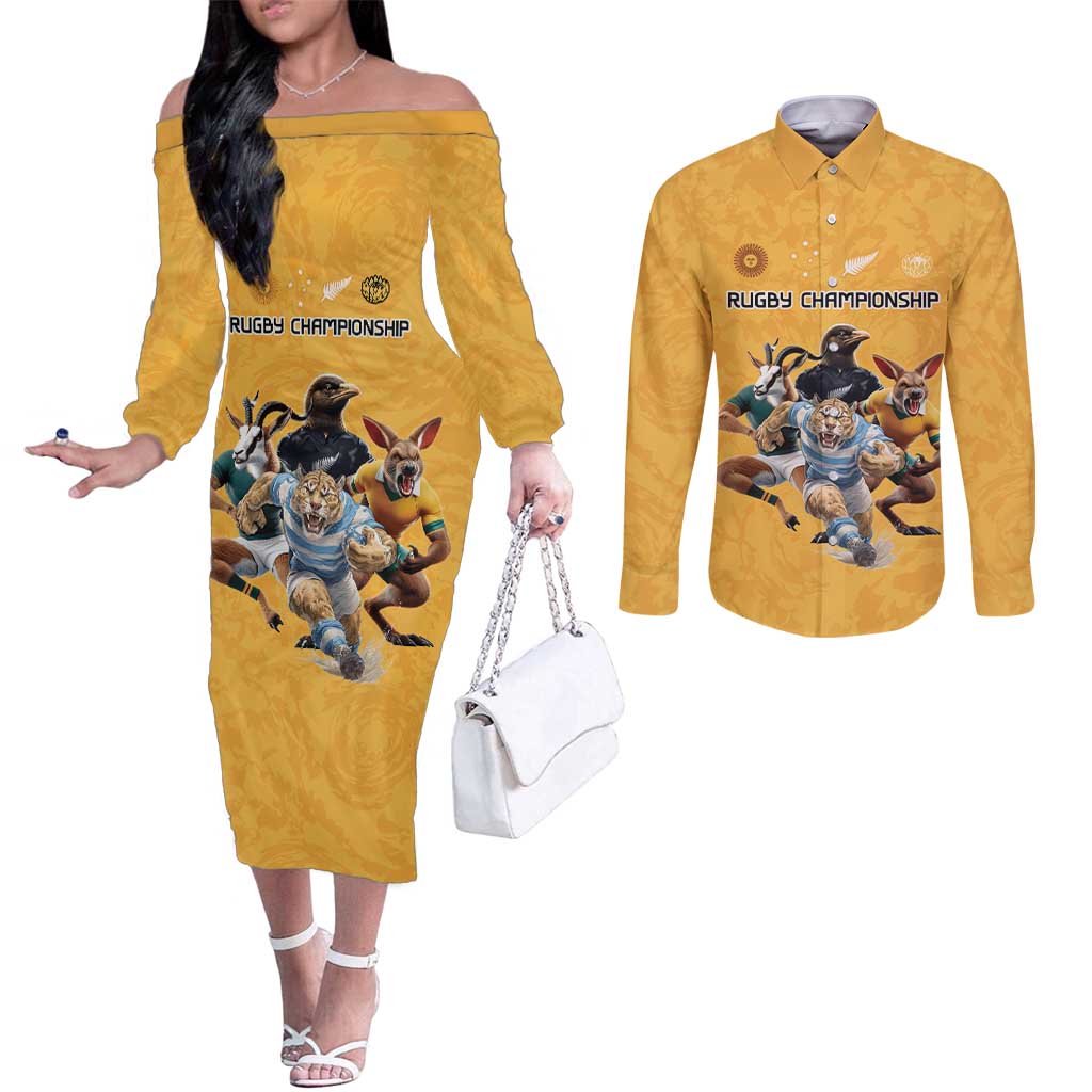 Custom Rugby Southern Hemisphere Couples Matching Off The Shoulder Long Sleeve Dress and Long Sleeve Button Shirt Argentina AUNZ South Africa Mascot Gold - Wonder Print Shop
