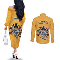 Custom Rugby Southern Hemisphere Couples Matching Off The Shoulder Long Sleeve Dress and Long Sleeve Button Shirt Argentina AUNZ South Africa Mascot Gold - Wonder Print Shop