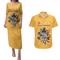 Custom Rugby Southern Hemisphere Couples Matching Puletasi and Hawaiian Shirt Argentina AUNZ South Africa Mascot Gold - Wonder Print Shop