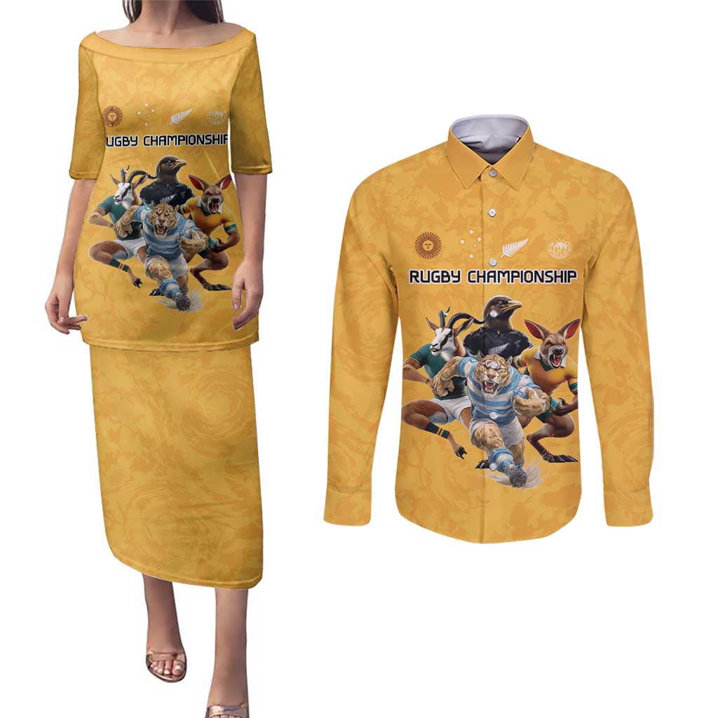 Custom Rugby Southern Hemisphere Couples Matching Puletasi and Long Sleeve Button Shirt Argentina AUNZ South Africa Mascot Gold - Wonder Print Shop