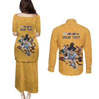 Custom Rugby Southern Hemisphere Couples Matching Puletasi and Long Sleeve Button Shirt Argentina AUNZ South Africa Mascot Gold - Wonder Print Shop