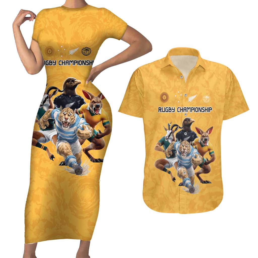 Custom Rugby Southern Hemisphere Couples Matching Short Sleeve Bodycon Dress and Hawaiian Shirt Argentina AUNZ South Africa Mascot Gold - Wonder Print Shop