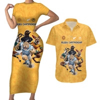 Custom Rugby Southern Hemisphere Couples Matching Short Sleeve Bodycon Dress and Hawaiian Shirt Argentina AUNZ South Africa Mascot Gold - Wonder Print Shop