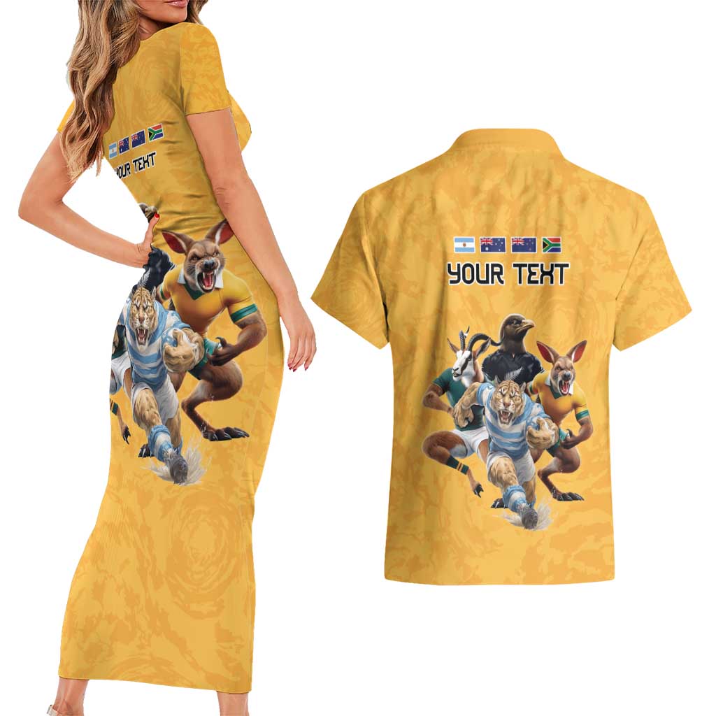 Custom Rugby Southern Hemisphere Couples Matching Short Sleeve Bodycon Dress and Hawaiian Shirt Argentina AUNZ South Africa Mascot Gold - Wonder Print Shop