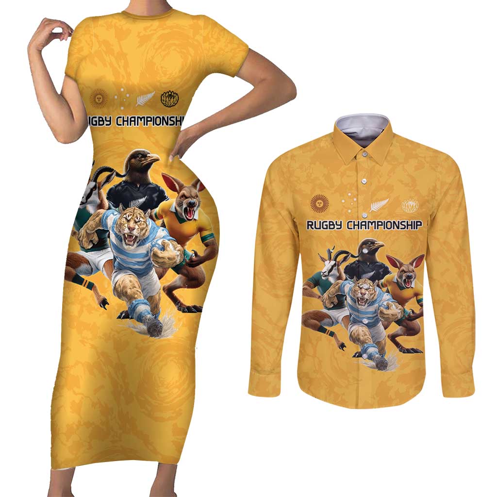 Custom Rugby Southern Hemisphere Couples Matching Short Sleeve Bodycon Dress and Long Sleeve Button Shirt Argentina AUNZ South Africa Mascot Gold - Wonder Print Shop