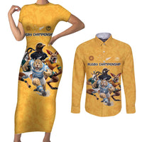 Custom Rugby Southern Hemisphere Couples Matching Short Sleeve Bodycon Dress and Long Sleeve Button Shirt Argentina AUNZ South Africa Mascot Gold - Wonder Print Shop