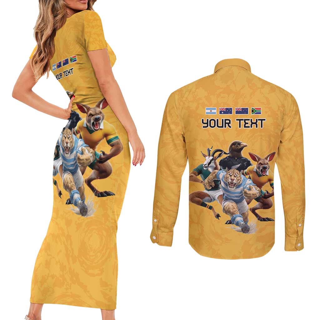 Custom Rugby Southern Hemisphere Couples Matching Short Sleeve Bodycon Dress and Long Sleeve Button Shirt Argentina AUNZ South Africa Mascot Gold - Wonder Print Shop