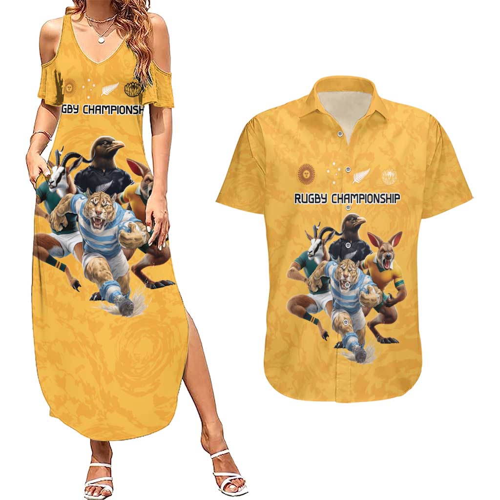 Custom Rugby Southern Hemisphere Couples Matching Summer Maxi Dress and Hawaiian Shirt Argentina AUNZ South Africa Mascot Gold - Wonder Print Shop