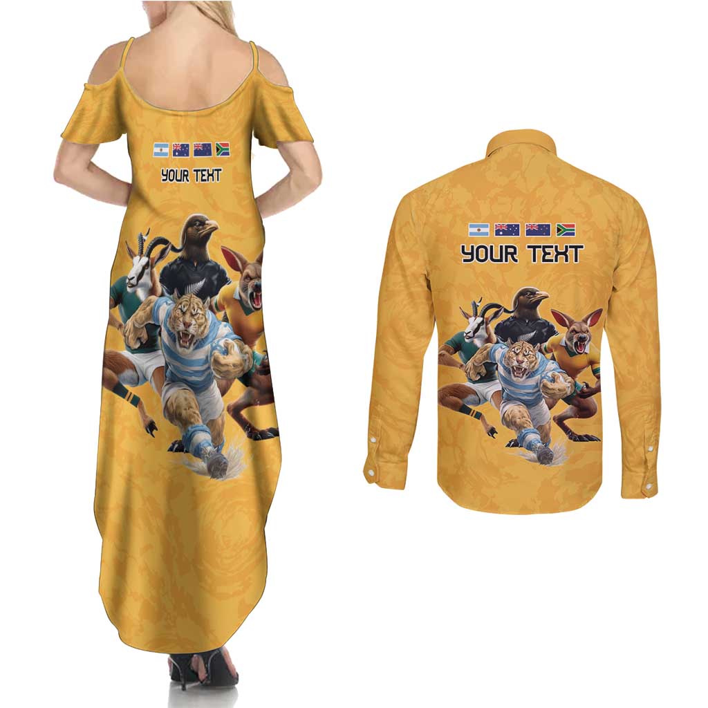 Custom Rugby Southern Hemisphere Couples Matching Summer Maxi Dress and Long Sleeve Button Shirt Argentina AUNZ South Africa Mascot Gold - Wonder Print Shop