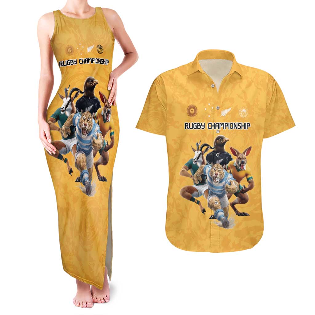 Custom Rugby Southern Hemisphere Couples Matching Tank Maxi Dress and Hawaiian Shirt Argentina AUNZ South Africa Mascot Gold - Wonder Print Shop