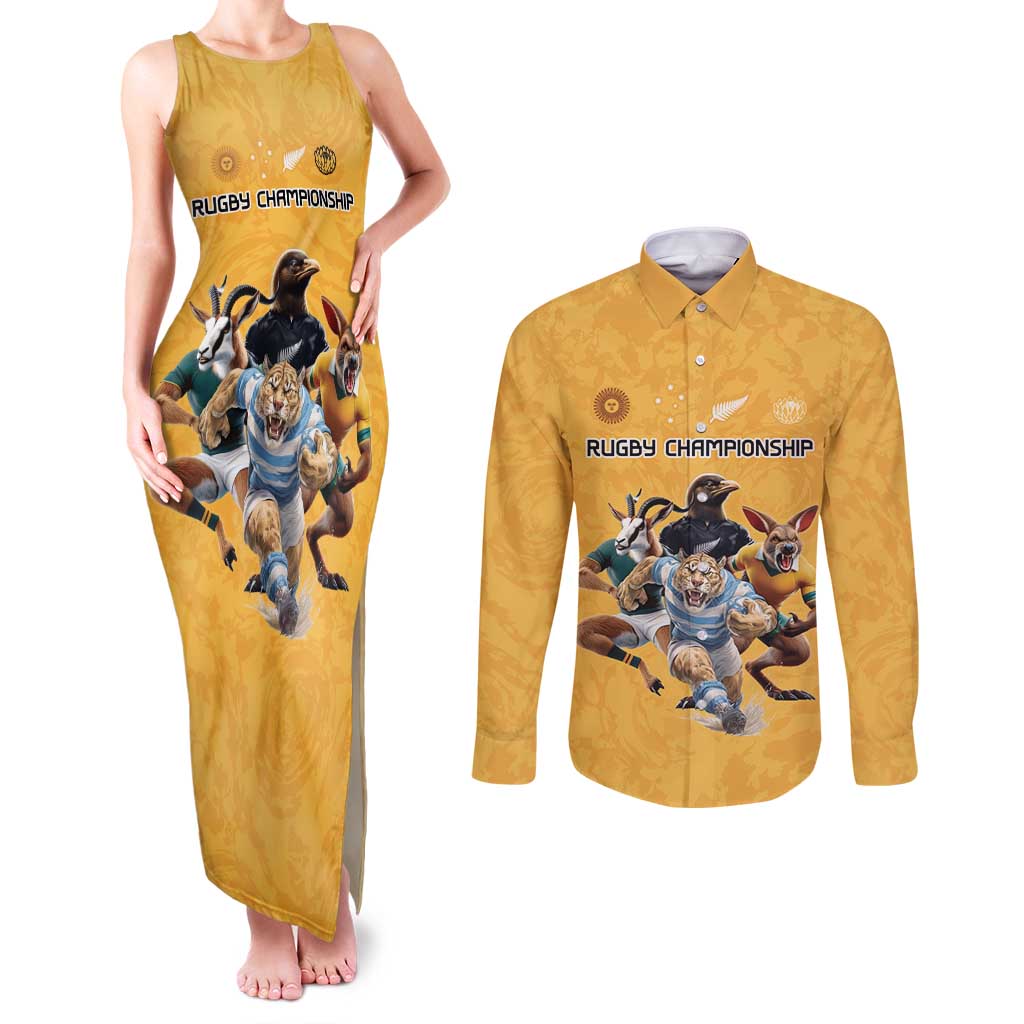 Custom Rugby Southern Hemisphere Couples Matching Tank Maxi Dress and Long Sleeve Button Shirt Argentina AUNZ South Africa Mascot Gold - Wonder Print Shop