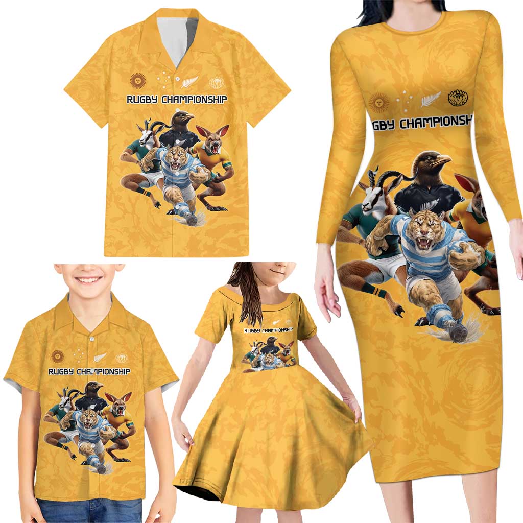 Custom Rugby Southern Hemisphere Family Matching Long Sleeve Bodycon Dress and Hawaiian Shirt Argentina AUNZ South Africa Mascot Gold - Wonder Print Shop