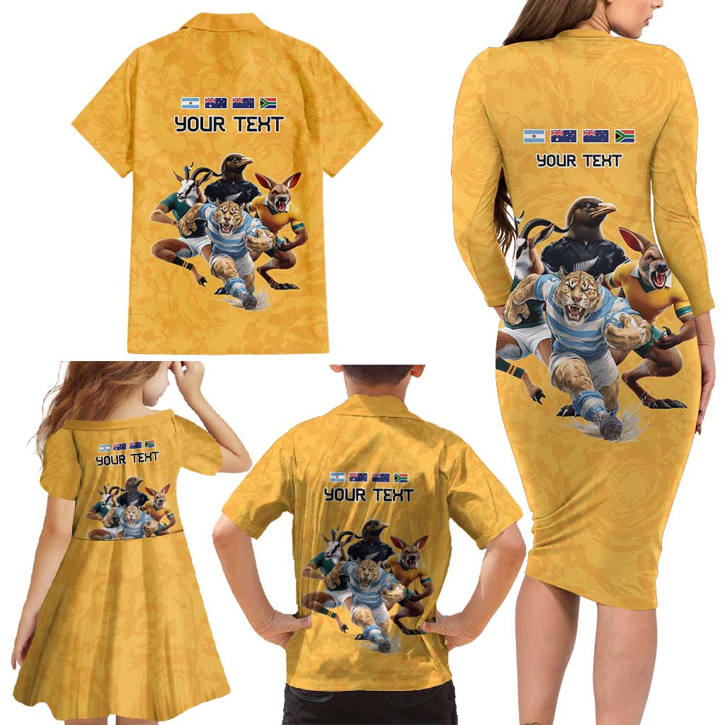 Custom Rugby Southern Hemisphere Family Matching Long Sleeve Bodycon Dress and Hawaiian Shirt Argentina AUNZ South Africa Mascot Gold - Wonder Print Shop