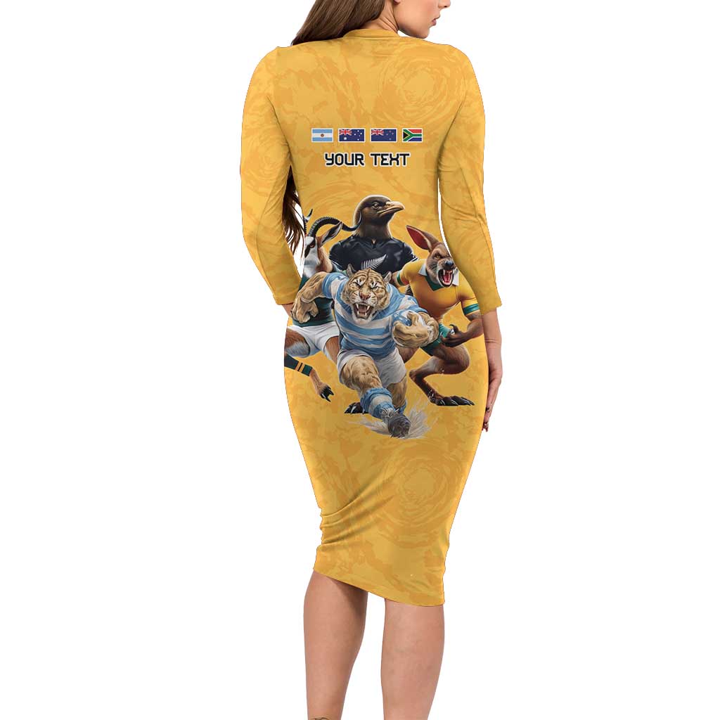 Custom Rugby Southern Hemisphere Family Matching Long Sleeve Bodycon Dress and Hawaiian Shirt Argentina AUNZ South Africa Mascot Gold - Wonder Print Shop