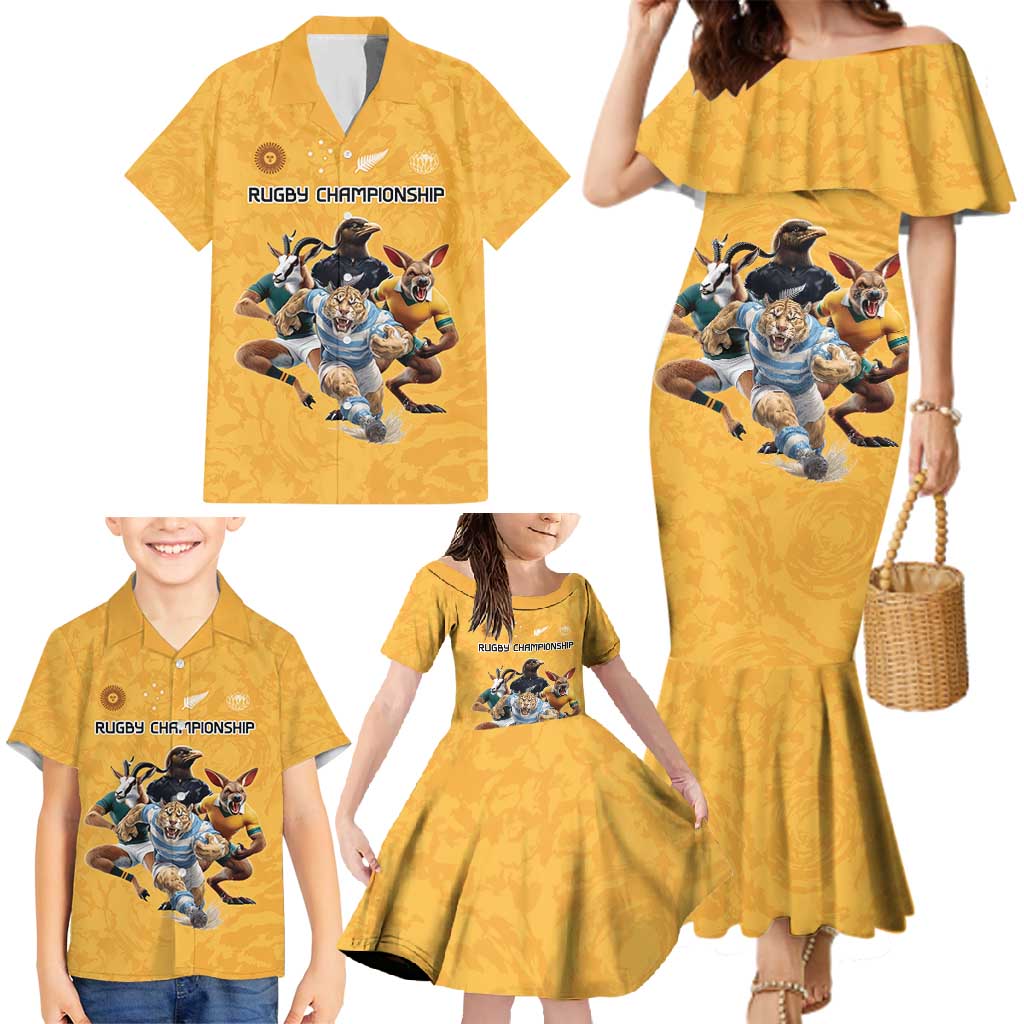 Custom Rugby Southern Hemisphere Family Matching Mermaid Dress and Hawaiian Shirt Argentina AUNZ South Africa Mascot Gold - Wonder Print Shop
