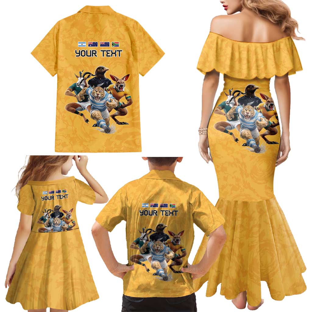 Custom Rugby Southern Hemisphere Family Matching Mermaid Dress and Hawaiian Shirt Argentina AUNZ South Africa Mascot Gold - Wonder Print Shop