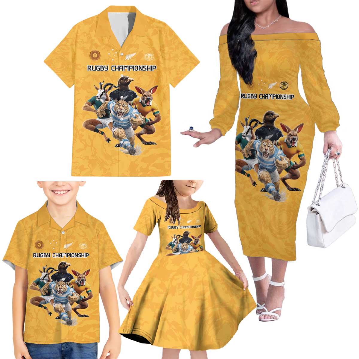 Custom Rugby Southern Hemisphere Family Matching Off The Shoulder Long Sleeve Dress and Hawaiian Shirt Argentina AUNZ South Africa Mascot Gold - Wonder Print Shop