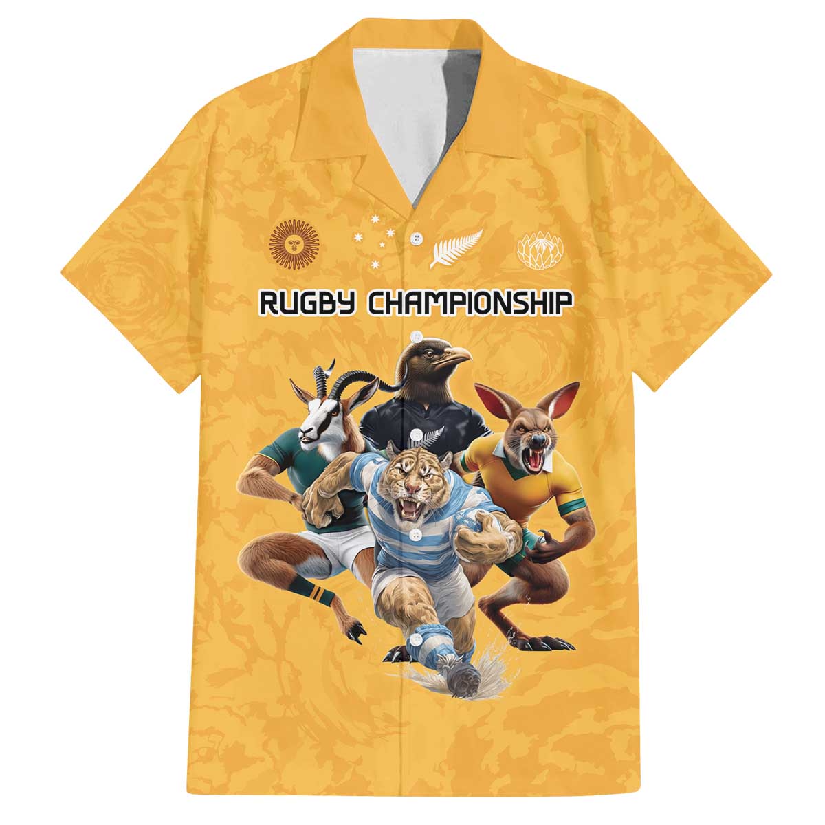 Custom Rugby Southern Hemisphere Family Matching Off The Shoulder Long Sleeve Dress and Hawaiian Shirt Argentina AUNZ South Africa Mascot Gold - Wonder Print Shop