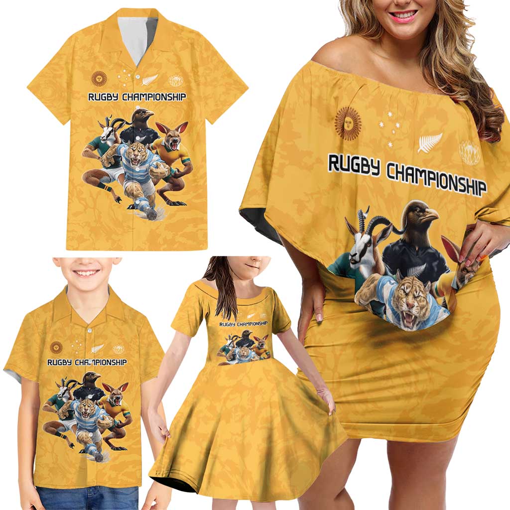 Custom Rugby Southern Hemisphere Family Matching Off Shoulder Short Dress and Hawaiian Shirt Argentina AUNZ South Africa Mascot Gold - Wonder Print Shop