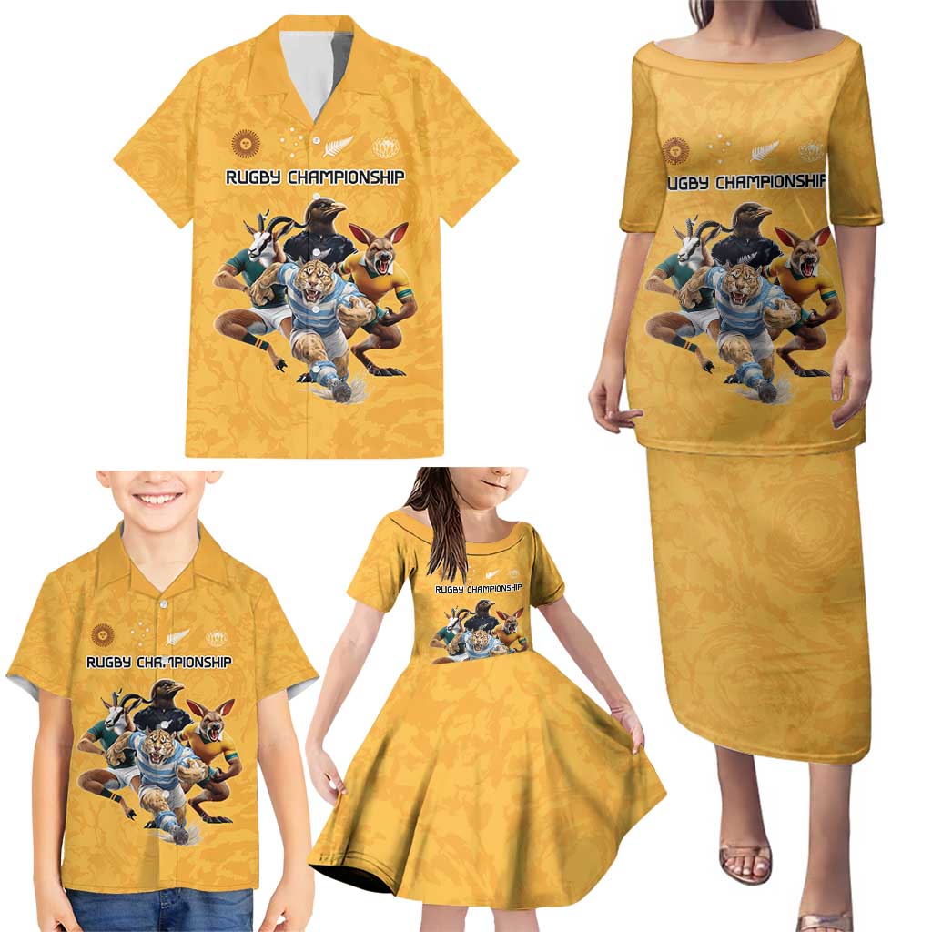 Custom Rugby Southern Hemisphere Family Matching Puletasi and Hawaiian Shirt Argentina AUNZ South Africa Mascot Gold - Wonder Print Shop