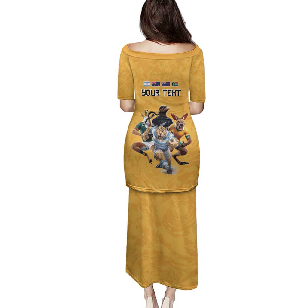Custom Rugby Southern Hemisphere Family Matching Puletasi and Hawaiian Shirt Argentina AUNZ South Africa Mascot Gold - Wonder Print Shop