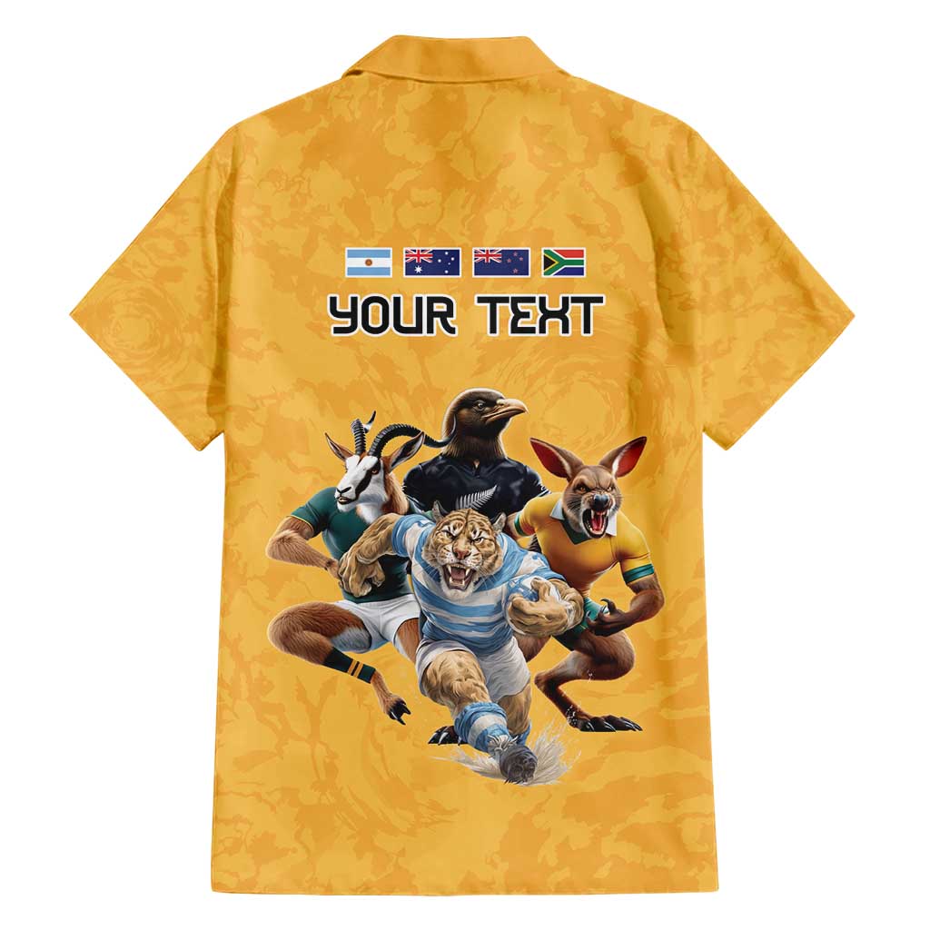 Custom Rugby Southern Hemisphere Family Matching Short Sleeve Bodycon Dress and Hawaiian Shirt Argentina AUNZ South Africa Mascot Gold - Wonder Print Shop