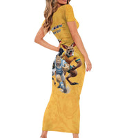 Custom Rugby Southern Hemisphere Family Matching Short Sleeve Bodycon Dress and Hawaiian Shirt Argentina AUNZ South Africa Mascot Gold - Wonder Print Shop