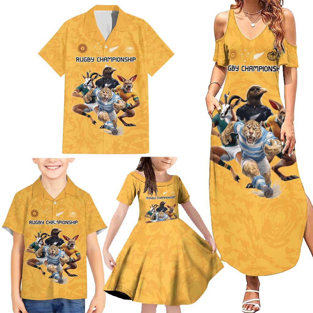 Custom Rugby Southern Hemisphere Family Matching Summer Maxi Dress and Hawaiian Shirt Argentina AUNZ South Africa Mascot Gold - Wonder Print Shop